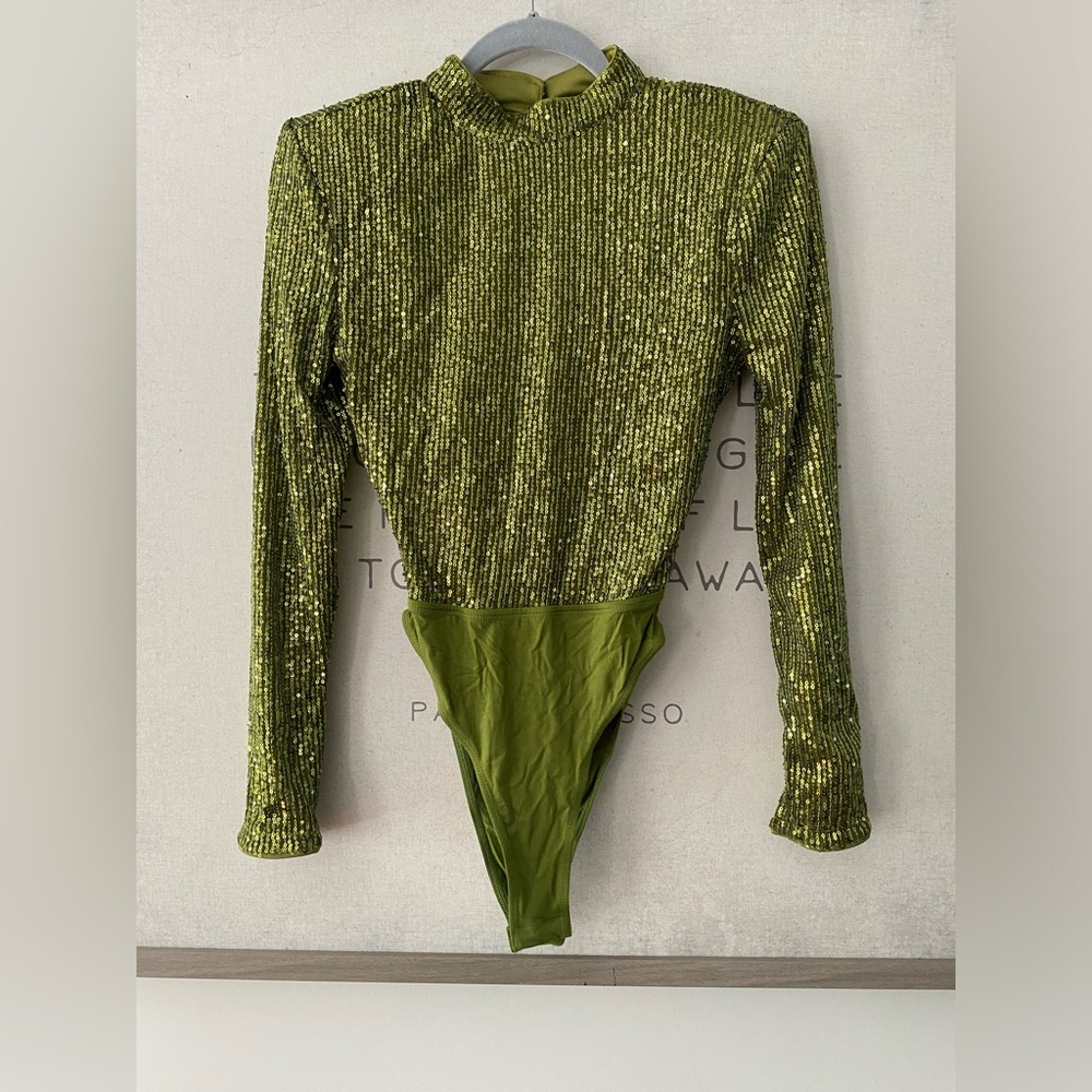 Shein green sequined backless body suit, small